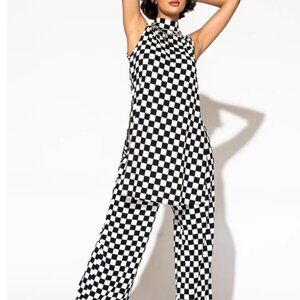 LALA ORIGINAL: Gigi Sleeveless Ribbed Playsuit in Black + White Check SMALL